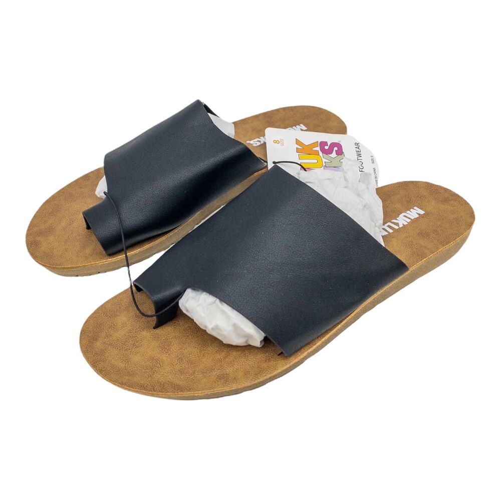 New MUK LUKS Black About Face Toe Loop Flat Slide Sandals 8